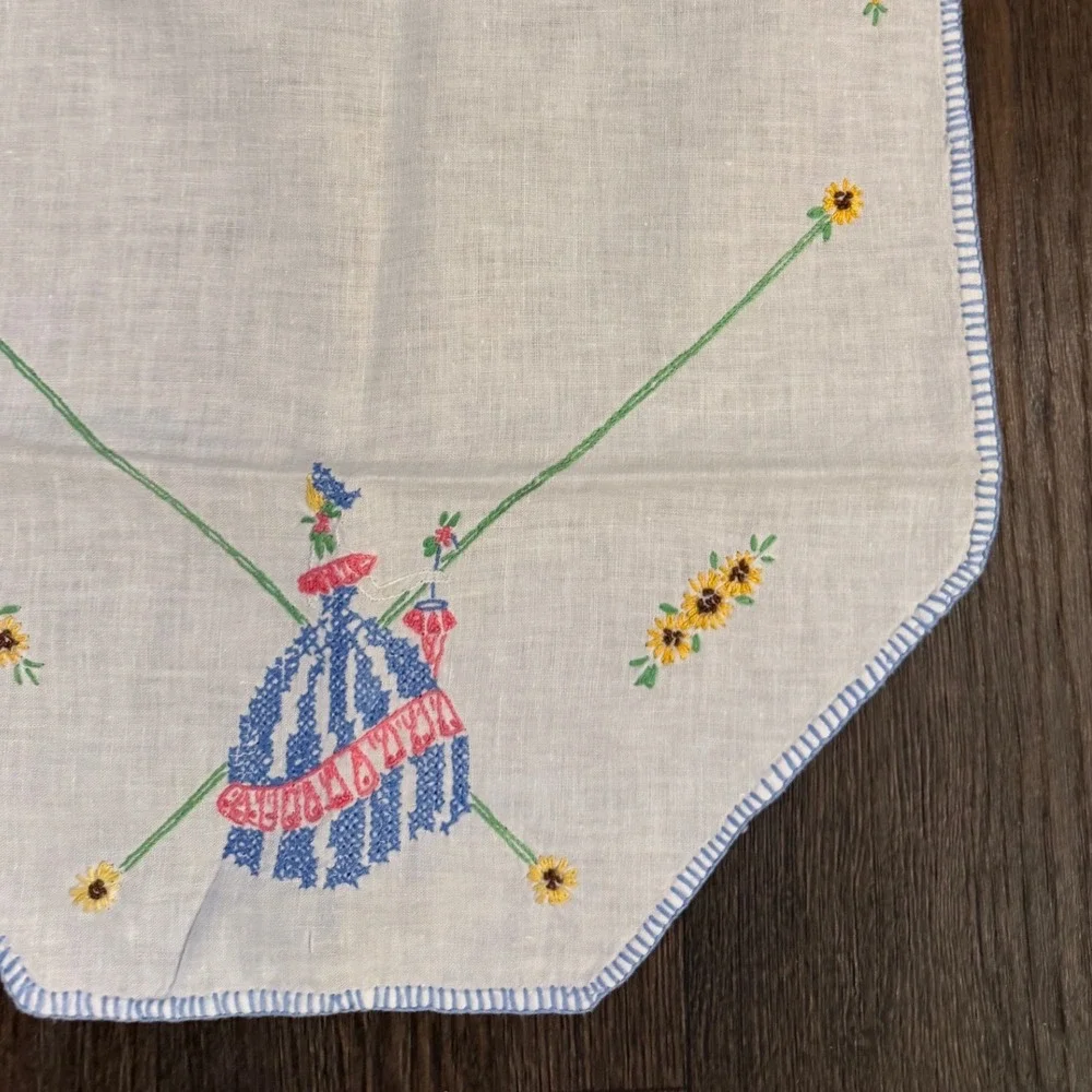 Vintage 17X34 Embroidered Table Runner Crinoline Lady Sunflower White Linen Blue